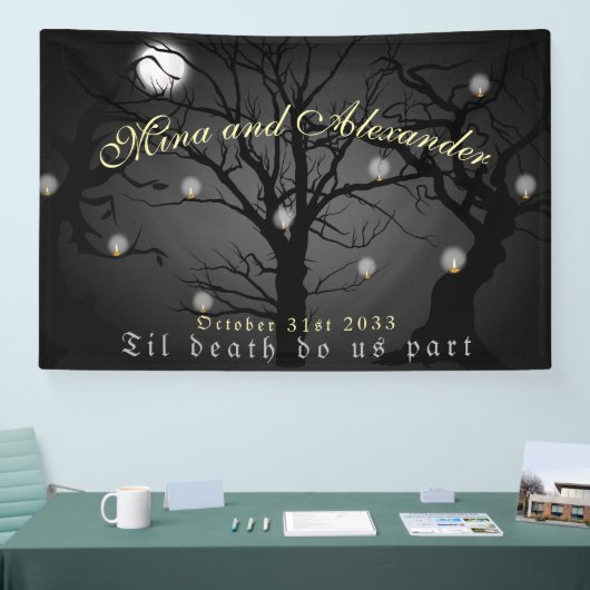 Dark Enchanted Forest Gothic Halloween Bruiloft Spandoek (Beurs)