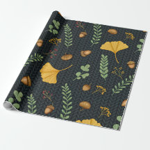 Dark Fall Gift Wrap with Ginkgo Leaves and Acorns