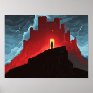 Dark Fantasy Red Fortress Silhouette Adventure Art Poster