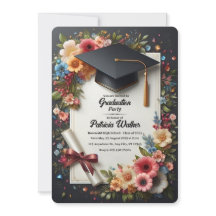 Dark Floral Elegant Graduation Party Uitnodiging