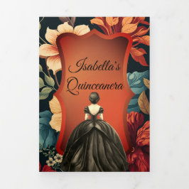 Dark Floral Foto Quinceanera Trifold Invitation Drieluik Programma