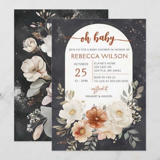 Dark Floral Greenery Botanical Boho Baby shower Kaart (Voorkant / Achterkant)