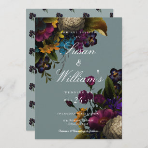 Dark Floral Moody Blue Blauwgroen Wedding Kaart
