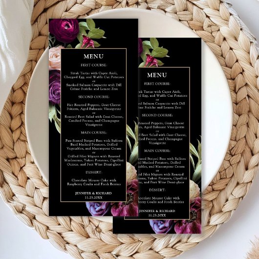 Dark Floral Moody Wedding Menu