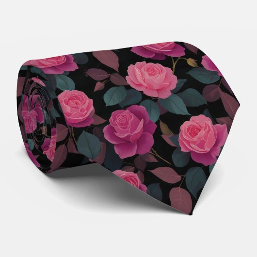 Dark Floral Pink Rose Pattern Stropdas (Opgerold)