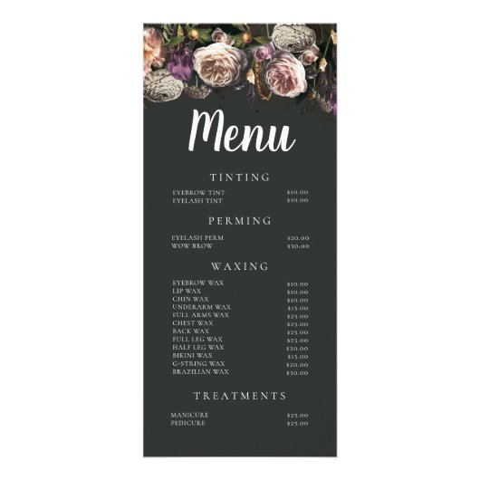 Dark Floral Salon Stylist Menu Winkel Prijslijst (Voorkant)