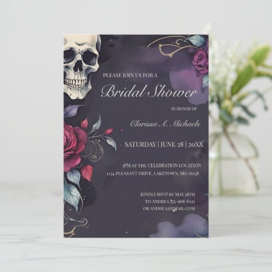 Dark Floral Skull & Rose Gothic Bridal Shower Kaart (Staand voorkant)