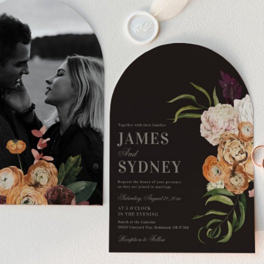 Dark Florals Arch Photo Wedding Invitation