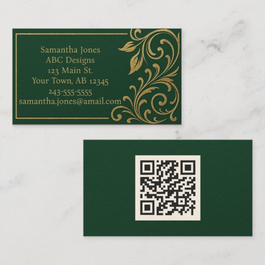 Dark Forest Green & Gold QR Code Carte de visite (Devant / Derrière)