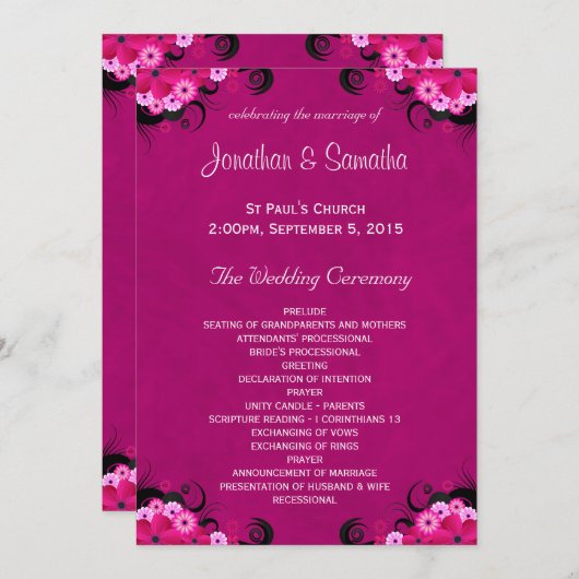 Dark Fuchsia Bloemen Vlakke Huwelijksprogramma Sja Programma (Voorkant / Achterkant)