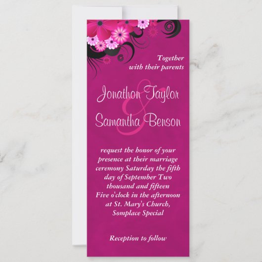 Dark Fuchsia Floral 4 "x 9.25" bruiloft uitnodigin Kaart (Voorkant)