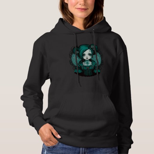 Dark Gothic Doll Chibi Style Roses Turquoise Tone Hoodie (Voorkant)