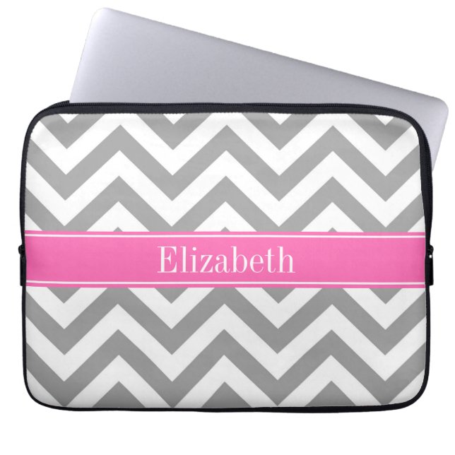 Dark Gray Lg Chevron Hot Pink #2 Naam Monogram Laptop Sleeve (Voorkant)