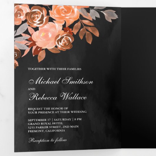Dark Gray Rustic Earthy Terracotta Floral Wedding Drieluik Uitnodiging (Binnenzijde eerst)