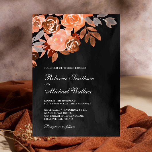 Dark Gray Rustic Earthy Terracotta Floral Wedding Kaart