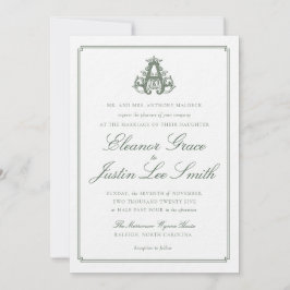 Dark Green "A" Monogram Wedding Invitation Kaart