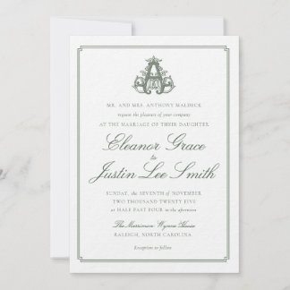 Dark Green "A" Monogram Wedding Invitation Kaart