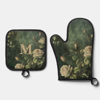 Dark Green Blush Rose  Ovenwant & Pannenlap Set