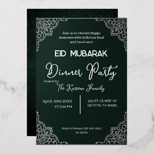 Dark Green elegant EID MUBARAK Invitation (Recto/Verso)