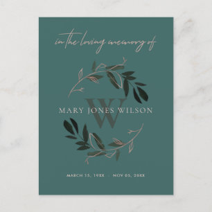 DARK GREEN PINK FOLIAGE WREATH MEMORIAL DANK U UITNODIGING BRIEFKAART