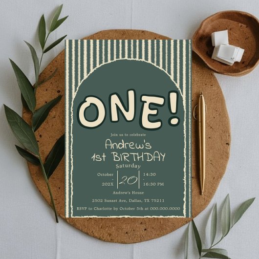 Dark Green Stripes 1st Birthday Kaart