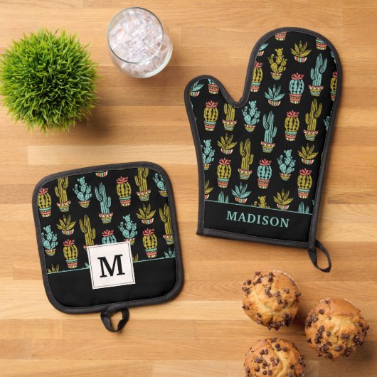 Dark Grunge Cactus Pattern Ovenwant & Pannenlap Set (Top down)