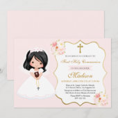 Dark-haired Girl First Holy Communion Invitation (Devant / Derrière)