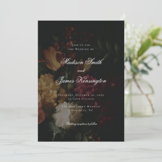 Dark Herfst Flowers Calligrafie Black Wedding Kaart (Staand voorkant)