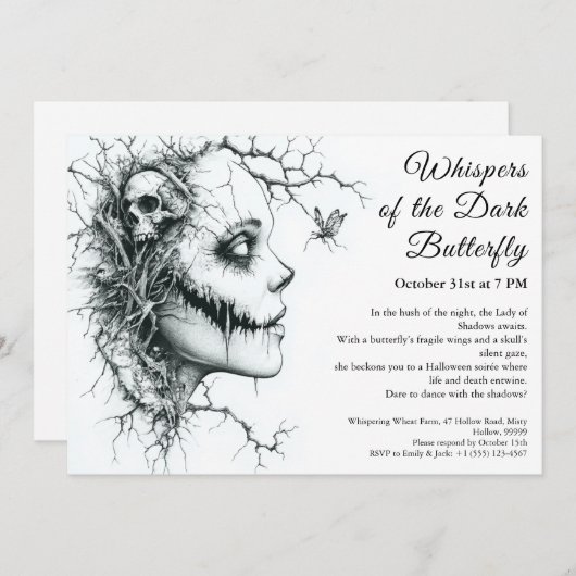 Dark Lady Halloween Uitnodiging - Vlinder & Schede (Voorkant / Achterkant)
