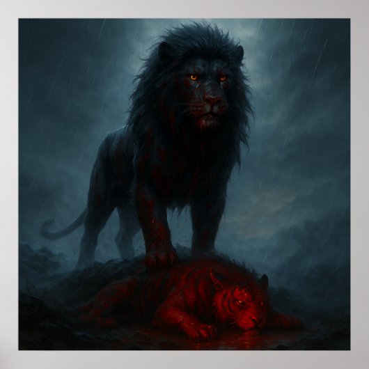 Dark Lion Victory – Dramatic Rain Scene Poster (Voorkant)