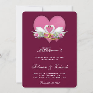 Dark Magenta Romantic Swans Islamic Verloving Kaart