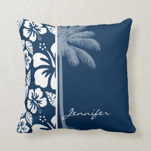 Dark Midnight Blue Tropical Hibiscus; Palm Kussen