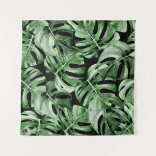 Dark Monstera: Tropische Waterverf print. Wandkleed