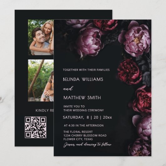 Dark Moody 3D Flowers Wedding Invitation (Devant / Derrière)