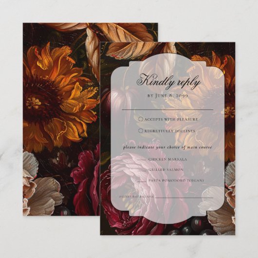 Dark Moody Baroque Florals Flowers Fall Wedding RSVP Kaartje (Voorkant / Achterkant)