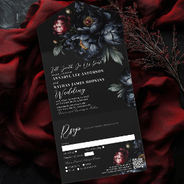 Dark Moody Black Peony Gothic Wedding QR-code All In One Uitnodiging