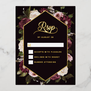Dark Moody Bloemen Bruiloft RSVP Kaart Gouden Foli