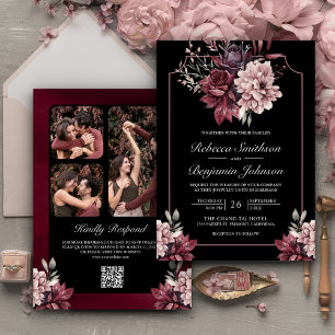 Dark Moody Bloemen Lijst Zwart QR Code Bruiloft Kaart