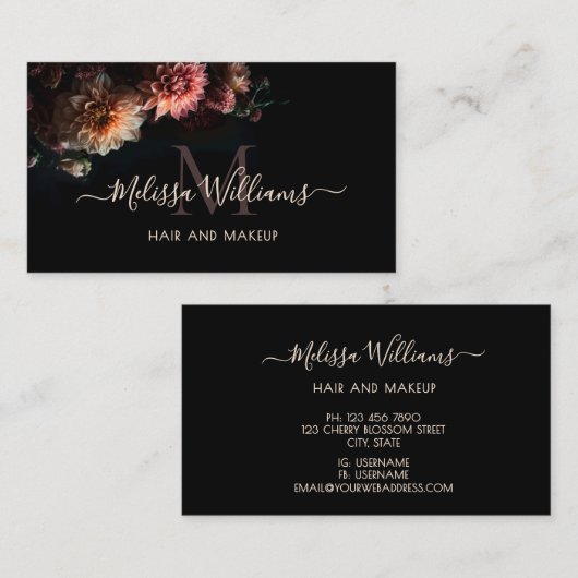 Dark Moody Blush Flowers Monogram Black Visitekaartje (Voorkant / Achterkant)