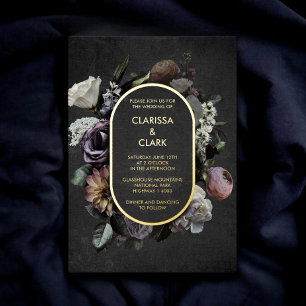 Dark Moody Bold  Floral Black Wedding Folie Uitnodiging