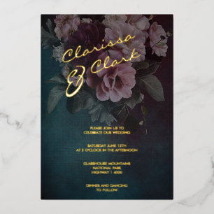Dark Moody Bold Floral Gold Wedding Folie Invitati Uitnodiging