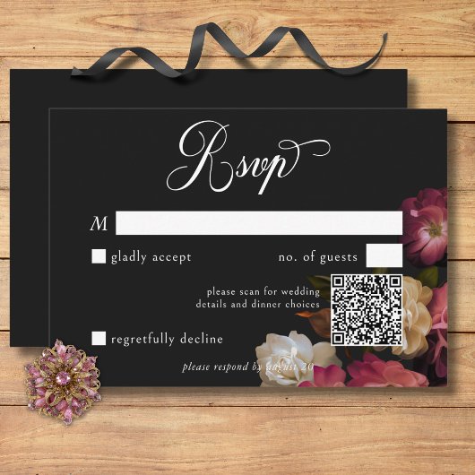 Dark Moody Bourgondië & Crème Pioenen Zwart QR-cod RSVP Kaartje