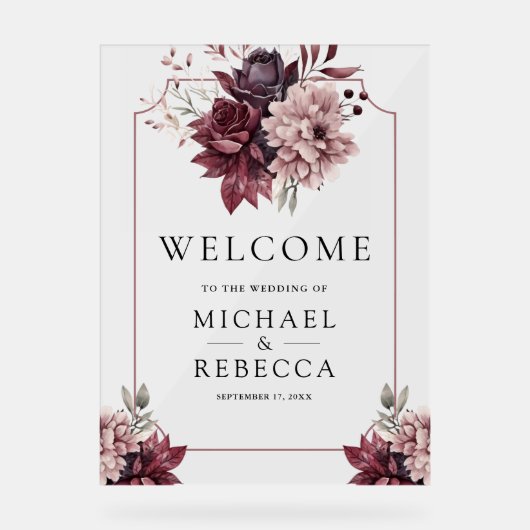 Dark Moody Floral Frame Wedding Welcome Acryl Bord (Voorkant)