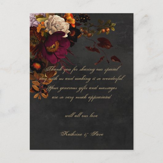 Dark Moody Floral Mariage Merci Cartes Postcard (Devant)
