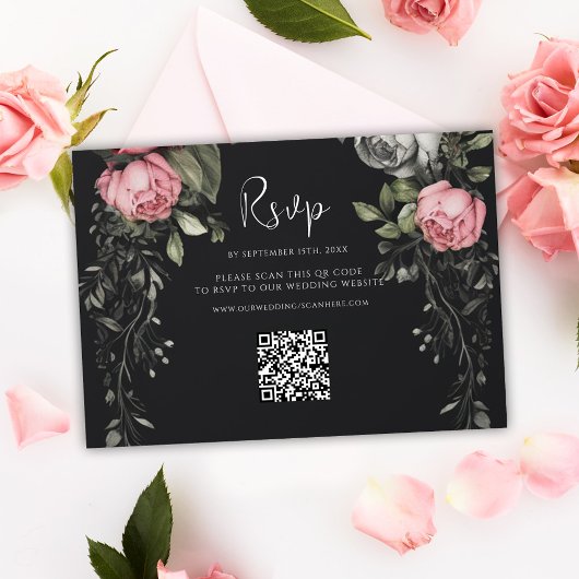 Dark Moody Floral QR Code Bruiloft RSVP Kaartje