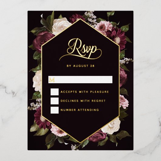 Dark Moody Floral Wedding Carte RSVP Gold Foil (Recto)