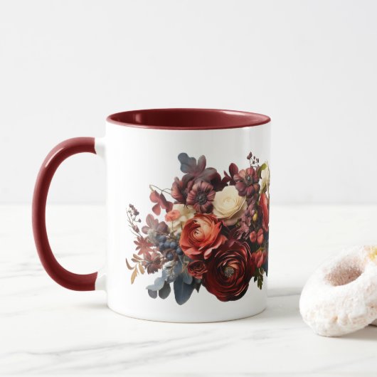 Dark Moody Florals Bourgogne Maroon Koraal Wit Mok (Met donut)