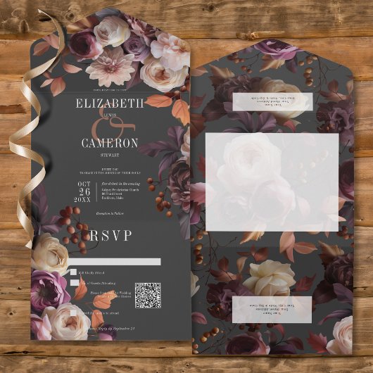 Dark Moody Herfst Bourgogne & Cream Pioenrozen QR All In One Uitnodiging