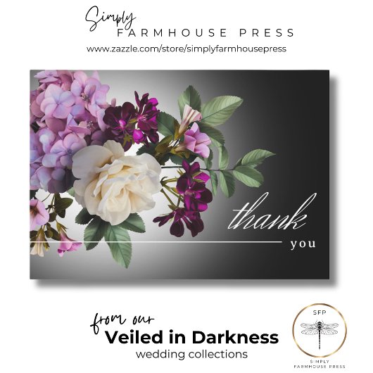Dark Moody Midnight Paarse Bloemen Romance bruilof Bedankkaart