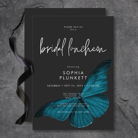 Dark Moody Minimal Blauwgroen Moth Bruidslunch Kaart
